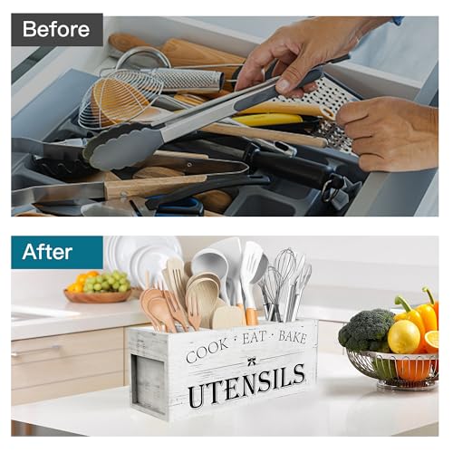 Extra Large Utensil Holder Countertop for Kitchen Counter (White Grain)