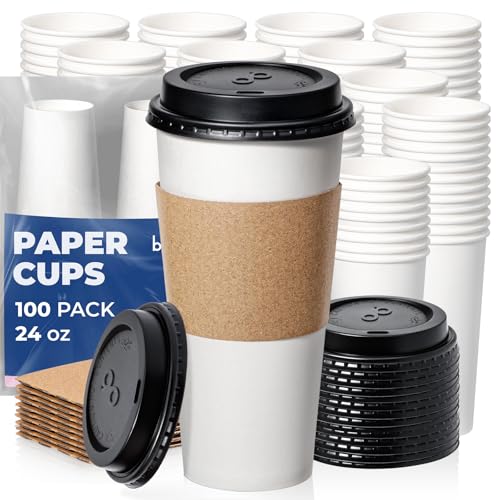 24 oz 100 Pack To Go Coffee Cups with Lids and Sleeves (24 oz)