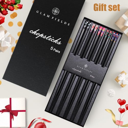 5 Pairs Premium Chopsticks Reusable Dishwasher Safe 9.5 Inch Fiberglass Chop Sticks Gift Set Hexagon Black Non Slip with the Printed Tops (Black with Printed Tops)