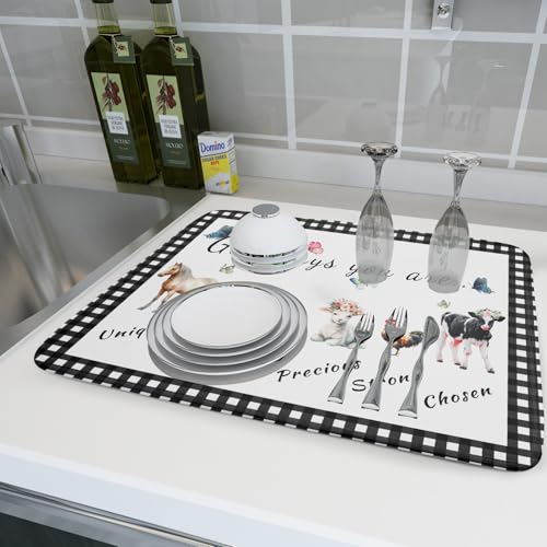 Funny Dish Drying Mat Large Absorbent Drying Pad for Kitchen Counter Easy Clean 18 X 24 in (Farm Animals 605 / 24" x 18")