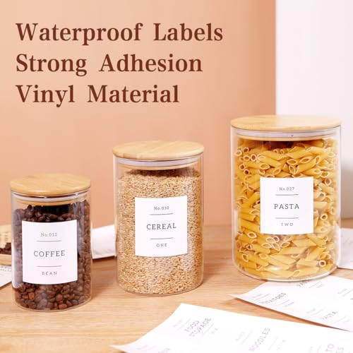 3 Pcs Glass Canisters with Airtight Bamboo Lids and 42 Kitchen Pantry Labels Preprinted
