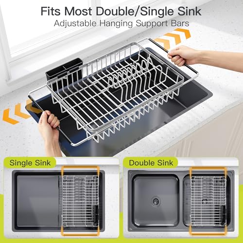 Expandable Dish Drying Rack Over the Sink with Utensil Holder (Silver / For 12.5"-30"w Sink, Expandable)