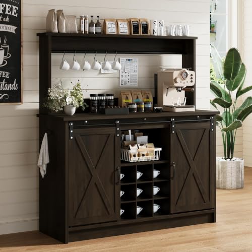47" Farmhouse Coffee Bar Cabinet with Storage Hutch (47Inch / Dark Oak)