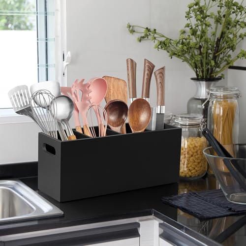 Large Utensil Holder with Removable Divider (Black / 4 Compatment)