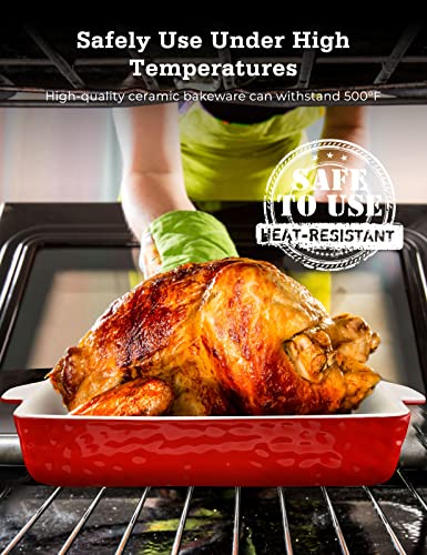Ceramic Baking Dish and Ramekins Set Casserole Dish with Handles Packaging Upgrade Nonstick Ceramic Bakeware Ramekins Bowls for Baking Souffle (Red)