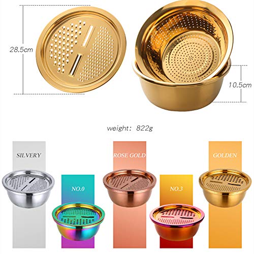 3-In-1 Multifunctional Grater Basin Colander Strainer Set, Mingcheng Stainless Steel Kitchen Grater/Drain Basket/Bottom Basin for Washing Rice, Fruits, Vegetable, Grater with Container (Rose Gold) (Rose Gold)