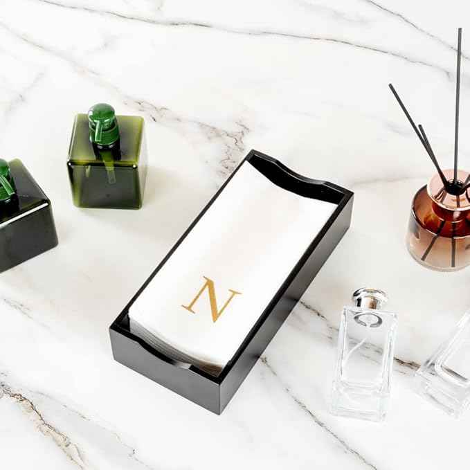 Luxenap 15.8 X 7.9 Inch Linen-Feel Guest Towels, 50 Lettered Hand Towels - Gold Letter 'N', Sans Serif Font, White Paper Dinner Napkins, airlaid, For Restrooms And Tables