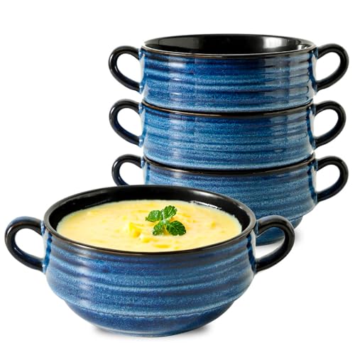 Soup Bowls 20 OZ French Onion Soup Crocks with Handles (Blue / 20oz - 4pcs)