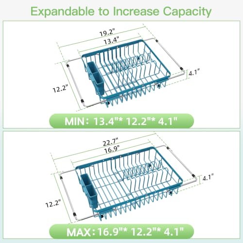 Blue Dish Drying Rack Over the Sink with Utensil Holder (Blue / For 12.5"-30"w Sink, Expandable)