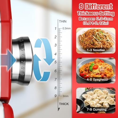 3-in-1 Pasta Maker with 9-Setting Pasta Roller & Cutters, Red (Red)
