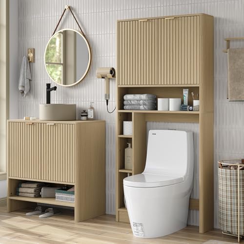31''W Over Toilet Storage Cabinet Modern Above Toilet Shelf Cabinet with Fluted Doors & Toilet Paper Storage Holder for Bathroom (Natural Oak / Fluted Doors Over Toilet Cabinet)