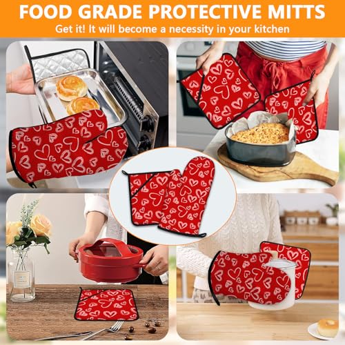 White Love Hearts Oven Mitts and Valentine's Day Pot Holders Sets 4Pcs (White Love Hearts)