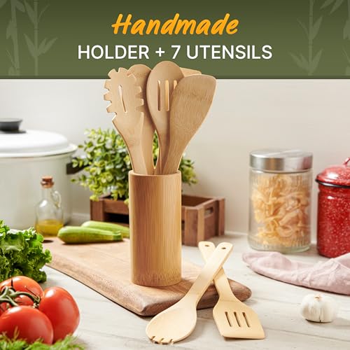 Bamboo Cooking Utensils Set 7 Pcs with Holder (7 Pieces Extended)