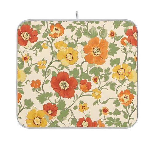 Retro Yellow Orange Flowers Dish Drying Mat for Kitchen Counter Absorbent Microfiber Drying Pad (16" x 18")