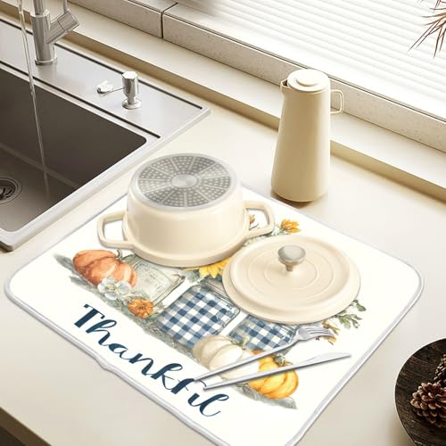 Autumn Pumpkin and Sunflower Floral Vase Dish Drying Mat for Kitchen Counter Absorbent Microfiber Small Drying Pad Dish Mats for Kitchen Countertops 16 x 18 Inch (18" x 16")