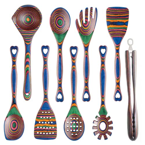 Pakkawood 9 Piece Rainbow Heart Wooden Utensils Set (9 PCS Rainbow)