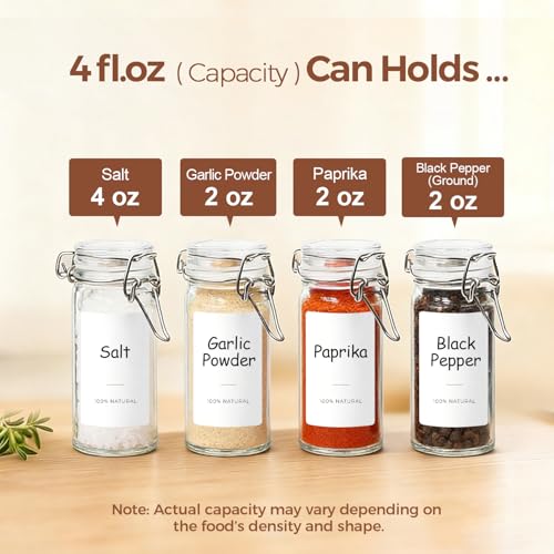 Small Glass Spice Jars with Airtight Lids 4 oz 6 Pack with Labels (4 fl oz x 6)