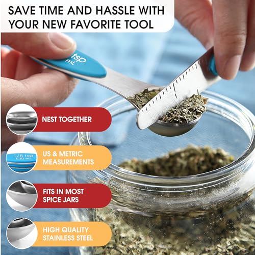 Stainless Steel 8 Magnetic Measuring Spoons for Kitchen (Teal / 1-Pack)