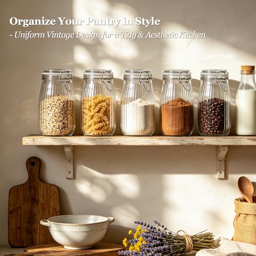 Large Ribbed Glass Jars with Airtight Lids 51 oz 3 Pack Wide Mouth (51 fl oz x 3 - Ribbed)
