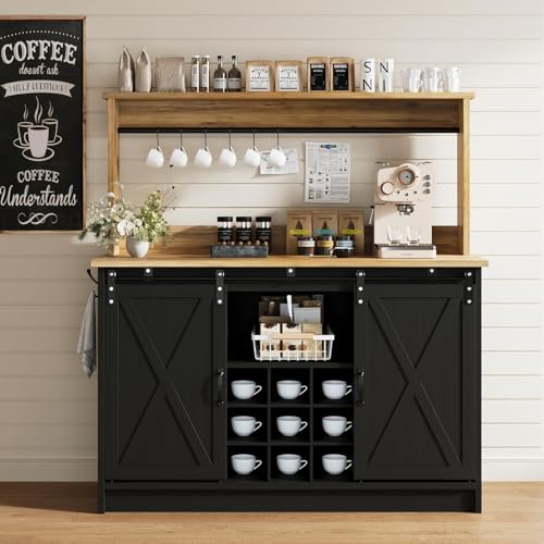 47" Coffee Bar Cabinet with Storage Hutch & Wine Rack (47Inch / Black)