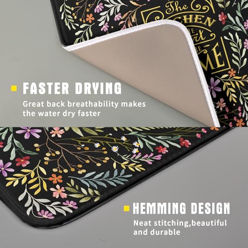 Absorbent Dish Drying Mat Colorful Flowers Microfiber Pad for Kitchen Counter Coffee Bar Decor 16" X 18" (Vintage Leaves Black / 18" x 16")