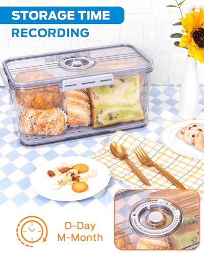 Bread Box 2 Pack Bread Storage Container Airtight Recording Time Bread Box for Kitchen Countertop Plastic Bread Keeper with Lid for Homemade Bread (Grey)