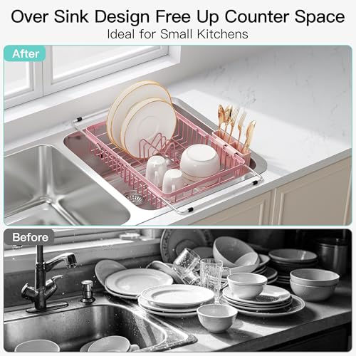 Pink Dish Drying Rack Over the Sink with Utensil Holder (Pink / For 12.5"-30"w Sink, Expandable)