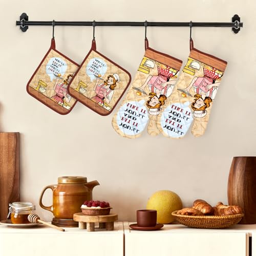 Retro Housewife Oven Mitts and Pot Holders Set (Housewife / Oven Mitt x2 & Pot Holder x2)