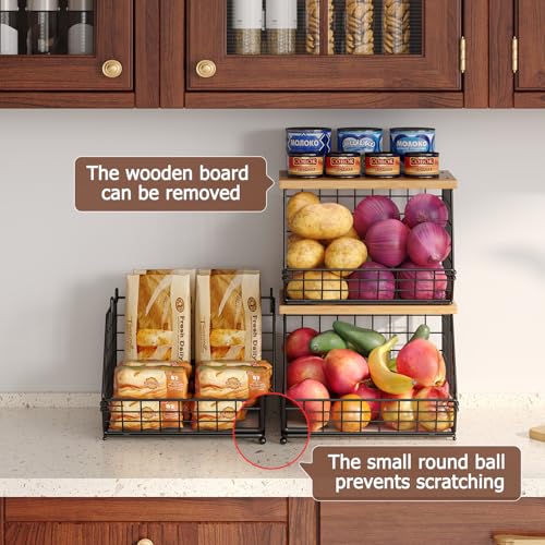 2 Set Stackable Wire Basket with Wooden Tops & Pad for kitchen organizers and storage (2pcs*11.8"*11.8"*18.9")