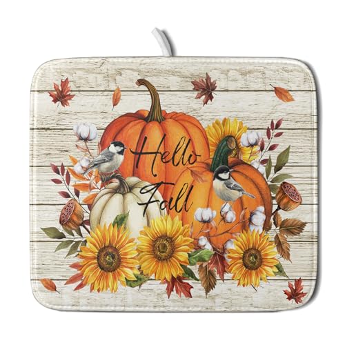 Hello Fall Dish Drying Mat Autumn Pumpkin Dish Drainer Rack Mats 16"x18" Fast Dry Microfiber Dish Drying Pad for Kitchen Countertop Table (Pumpkin Sunflower / 16" x 18")
