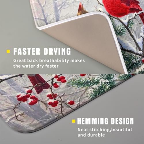 Red Bird Dish Drying Mat Merry Christmas Dishes Pad Absorbent Fast Dry Dish Drainer Mat Protector for Kitchen Counter 16 x 18 Inches (red bird / 16" x 18")