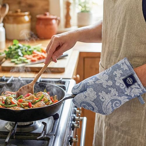 Oven Mitts and Pot Holders Set (Oven Glove + Pot Holder / Floral Blue)