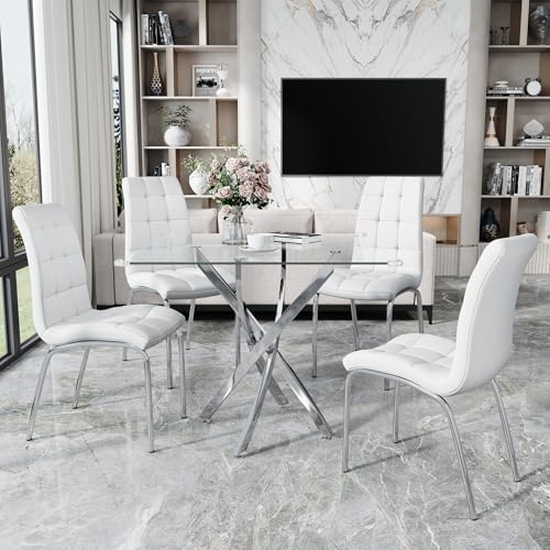 5 Piece Square Glass Dining Table Set (Silver Square Table/White Pu Chairs / 5 Pieces)