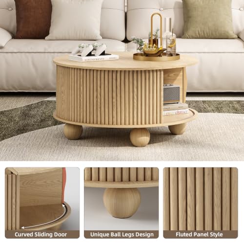 Round Coffee Table with Storage for Living Room (Oak)