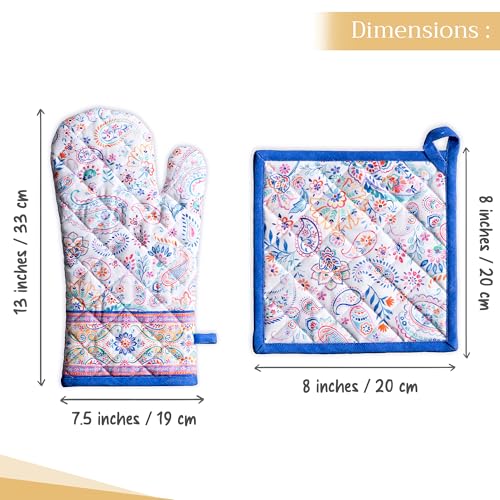 100% Cotton Oven Mitt & Pot Holder Set (083 - Indian Floral / 7.5" x 13" & 8" x 8" (Oven Mitt & Pot Holder))