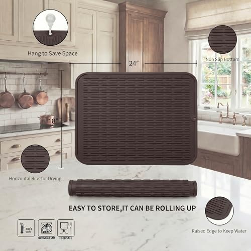Silicone Dish Drying Mat for Multiple Usage (Coffee / 24"L x 18"W)