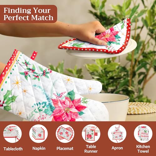 100% Cotton Oven Mitt & Pot Holder Set (117 - Poinsettia Christmas / 7.5" x 13" & 8" x 8" (Oven Mitt & Pot Holder))
