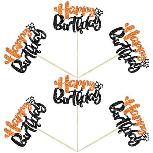 24Pcs Happy Birthday Cupcake Toppers Double Layer Glitter Happy Birthday Cake Decorations for Halloween Baby Shower Theme Anniversary Party Cake Decorations Supplies Black Orange (Style 1 / Black Orange)