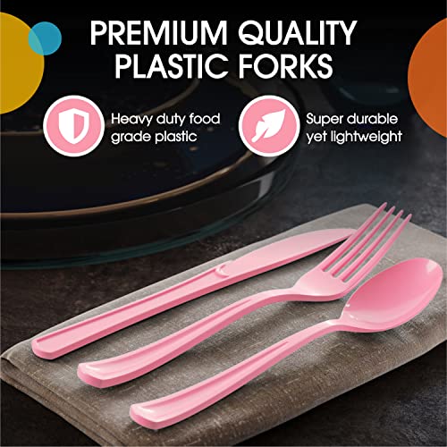Pink Plastic Forks 200 Pieces Pink Forks Disposable Utensils Heavy Duty Plastic Cutlery Set Disposable Cutlery Sets Flatware Sets Silverware Set Party Supplies & Party Tableware (Pink / Forks)