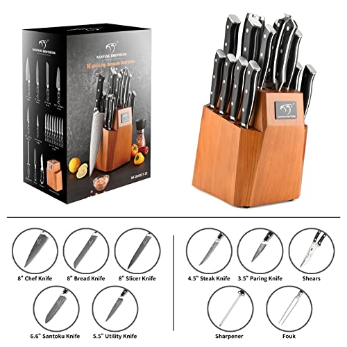 18PCS Damascus Japanese Kitchen Knife Set with Block (Black/Nature / 18 Pieces)