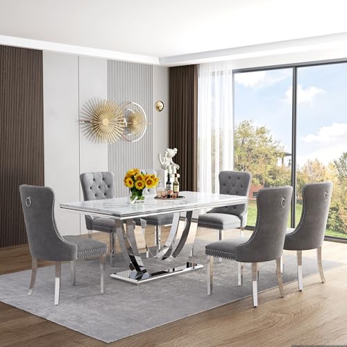 Marble Dining Table Set for 4 (Silver-white & Grey Chairs / 5-piece (Table + 4 Chairs))
