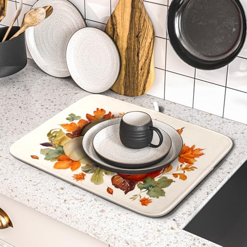 Fall Pumpkin Dish Drying Mat Autumn Leaves Absorbent Dishes Pad 16x18 Inch Seasonal Microfiber Dish Drainer Rack Mat for Kitchen Countertop (Fall Pumpkin / 16x18 inch)