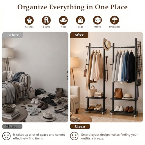 Coat Rack Freestanding Solid Wood Clothes Rack with Wheels