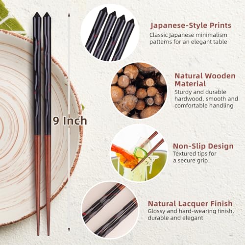 5 Pairs Hardwood Chopsticks Reusable Japanese Style Natural Wood Chop Stick Hand (Natural Wood - Carving Style)