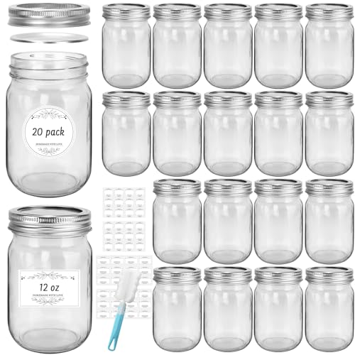 20 Pack 12 oz Clear Glass Mason Jars with Silver Metal Split Lids (12 oz - 20 Pack)