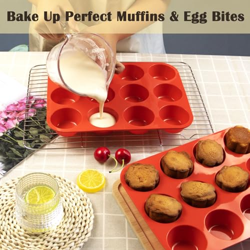 12 Cups Silicone Mini Muffin Pan Set (Set of 2--12 Cups (Red+Red))