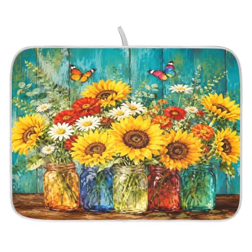 Spring Summer Floral Jar Dish Drying Mat for Kitchen Counter Absorbent Microfiber Large Drying Pad Dish mats for Kitchen Countertops 18 x 24 Inch (Spring Summer Floral Jar / 24" x 18")