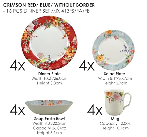16 Piece Porcelain Dinnerware Set for 4 (16 / Crimson)