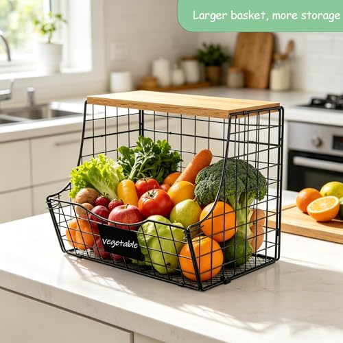 3 Pack wire Fruit Basket for Kitchen with Wood Lid (L-Black)