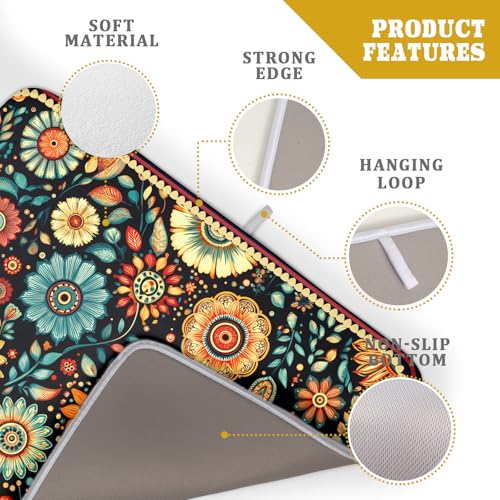 Boho Floral Dish Drying Mat for Kitchen Counter Absorbent Microfiber Flowers Drying Pad 18 X 24 In (Boho Floral Black A / 24" x 18")